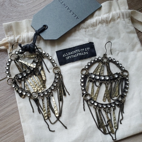 All Saints Spitalfields Antiqued Gold with Clear Cabuchon Statement Earrings - Picture 2 of 10